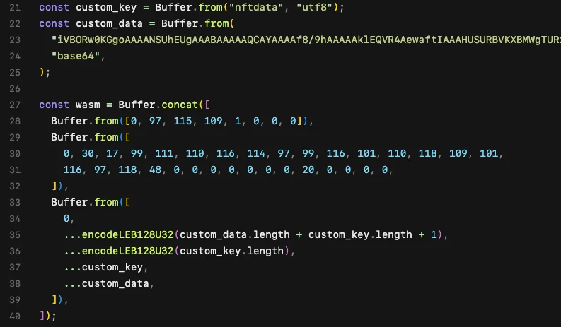 JavaScript code that builds a WASM binary with custom NFT data