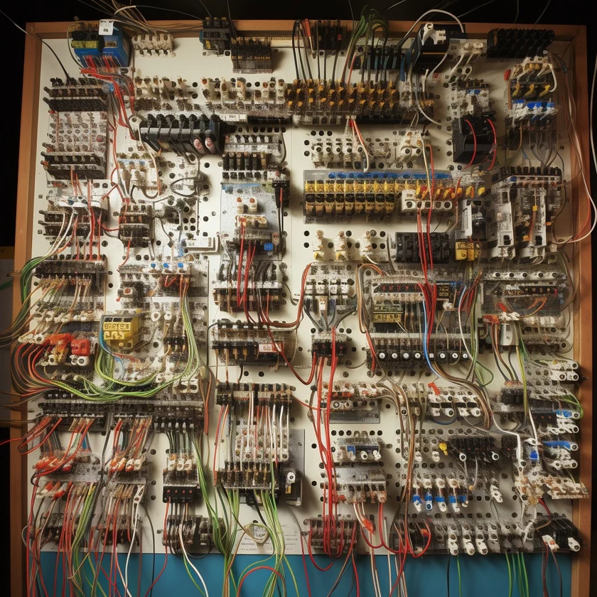A complex switchboard with many cables and switches