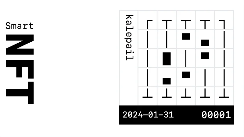 A Smart NFT card by kalepail with a pixel grid, dated 2024-01-31, number 00001