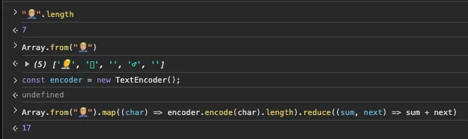Browser console output that shows the length of an emoji in characters and bytes