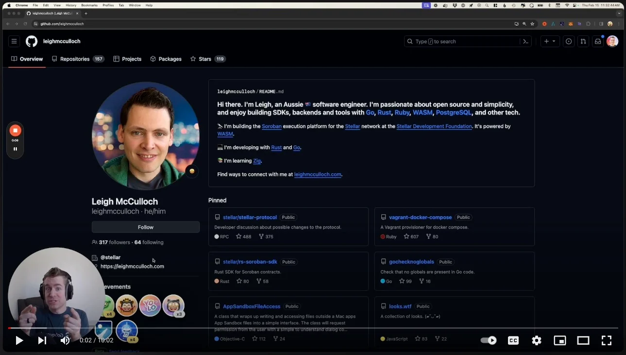 A video frame over Leigh McCulloch's GitHub profile page