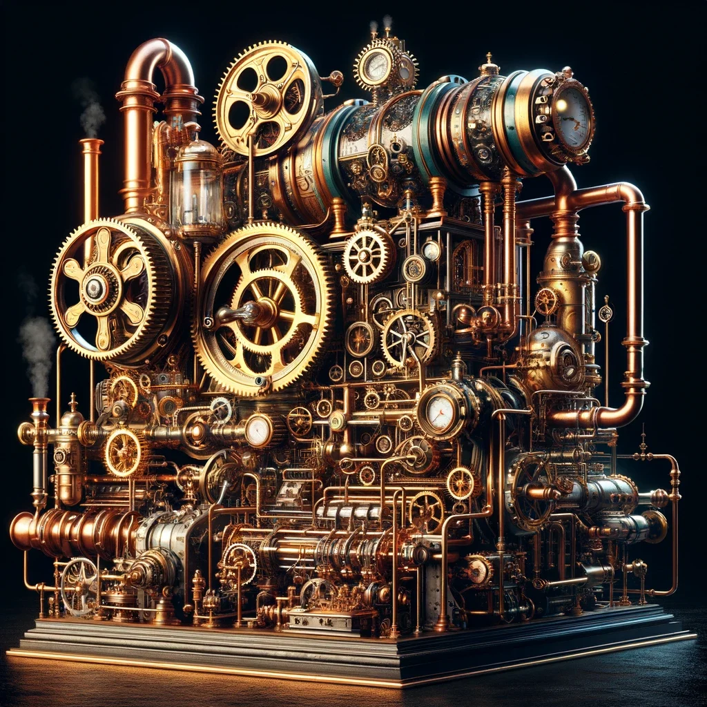 A complex brass and copper machine with many gears and pipes