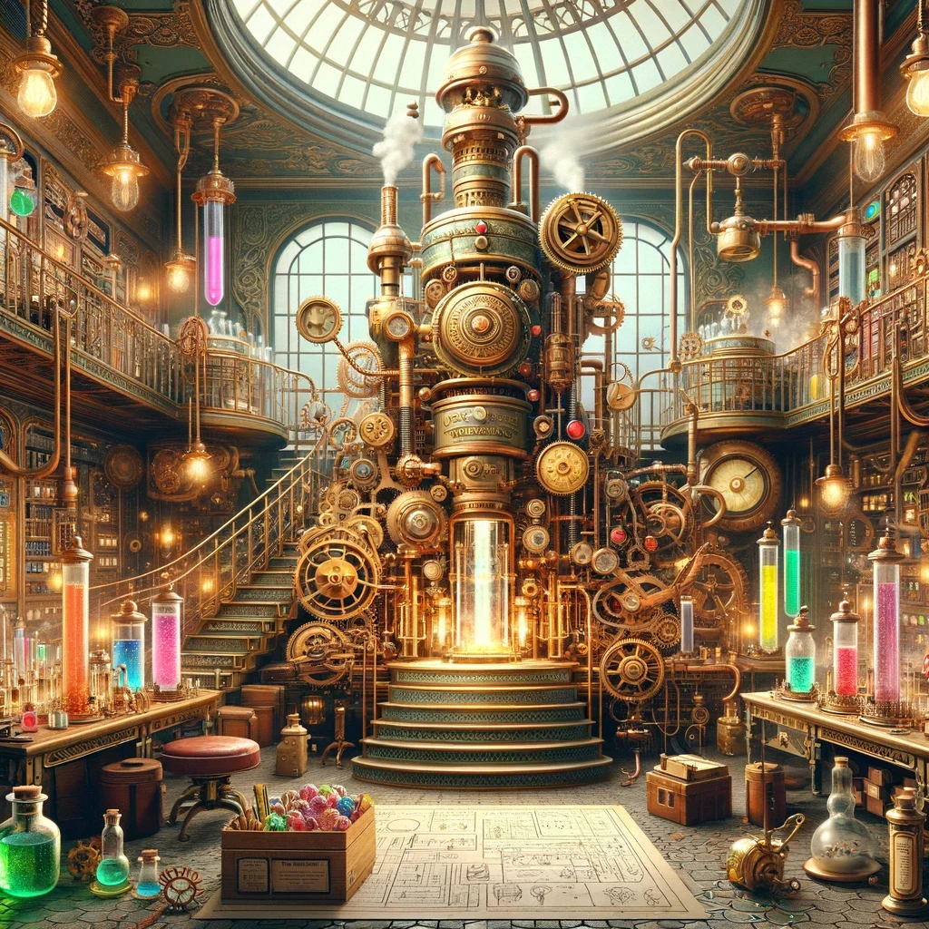 A steampunk laboratory with a large brass machine and colored potions