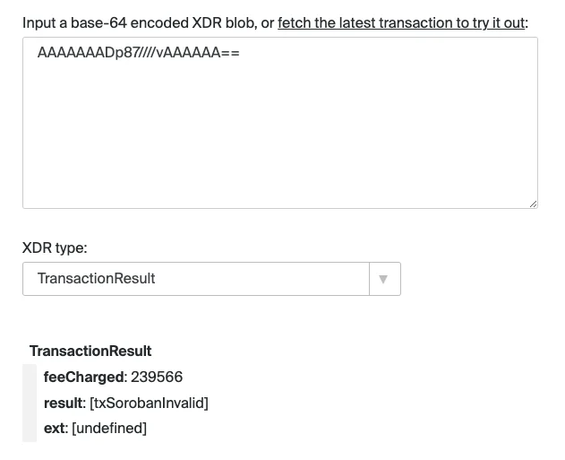 An XDR viewer that decodes a TransactionResult with the result txSorobanInvalid