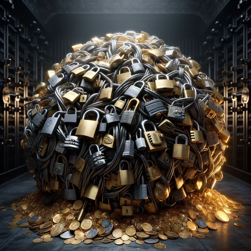 A large pile of padlocks on top of gold coins