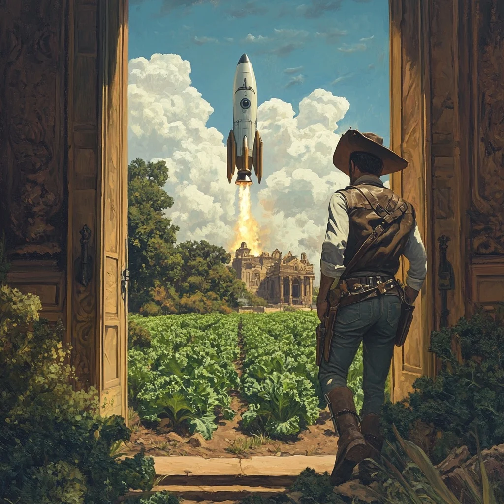Roscoe, in a cowboy hat, watches a rocket launch beyond a kale field