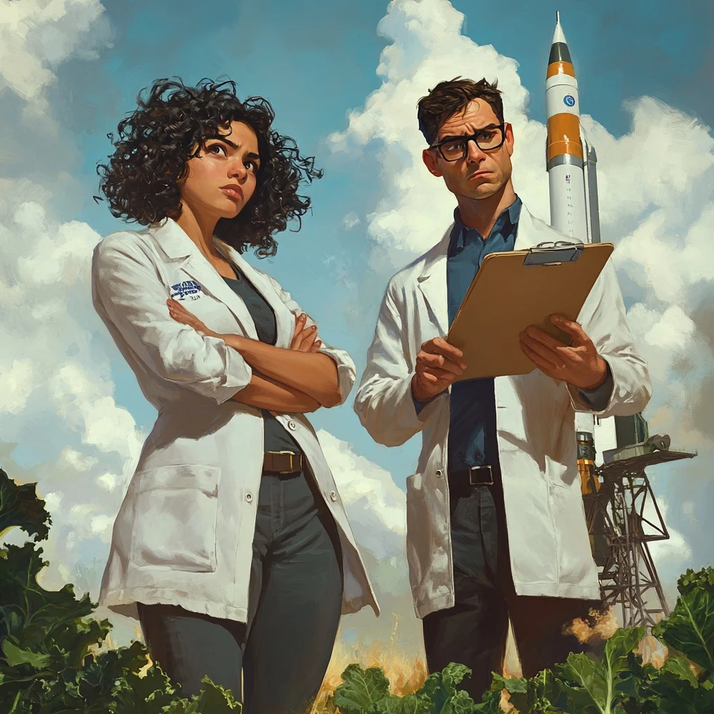 Hazel and Perry in lab coats stand in front of a rocket
