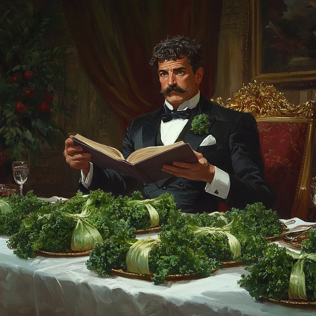 The Governor reads a book at a table covered in kale