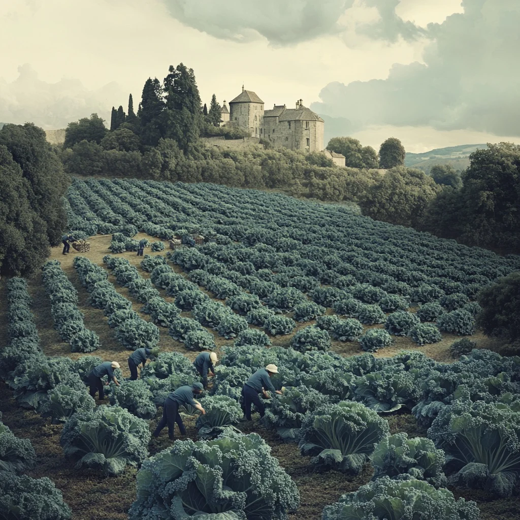Farmers tend rows of kale below a stone manor