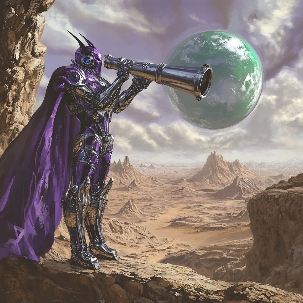 Zebulon, in purple armor, looks at a green planet through a telescope