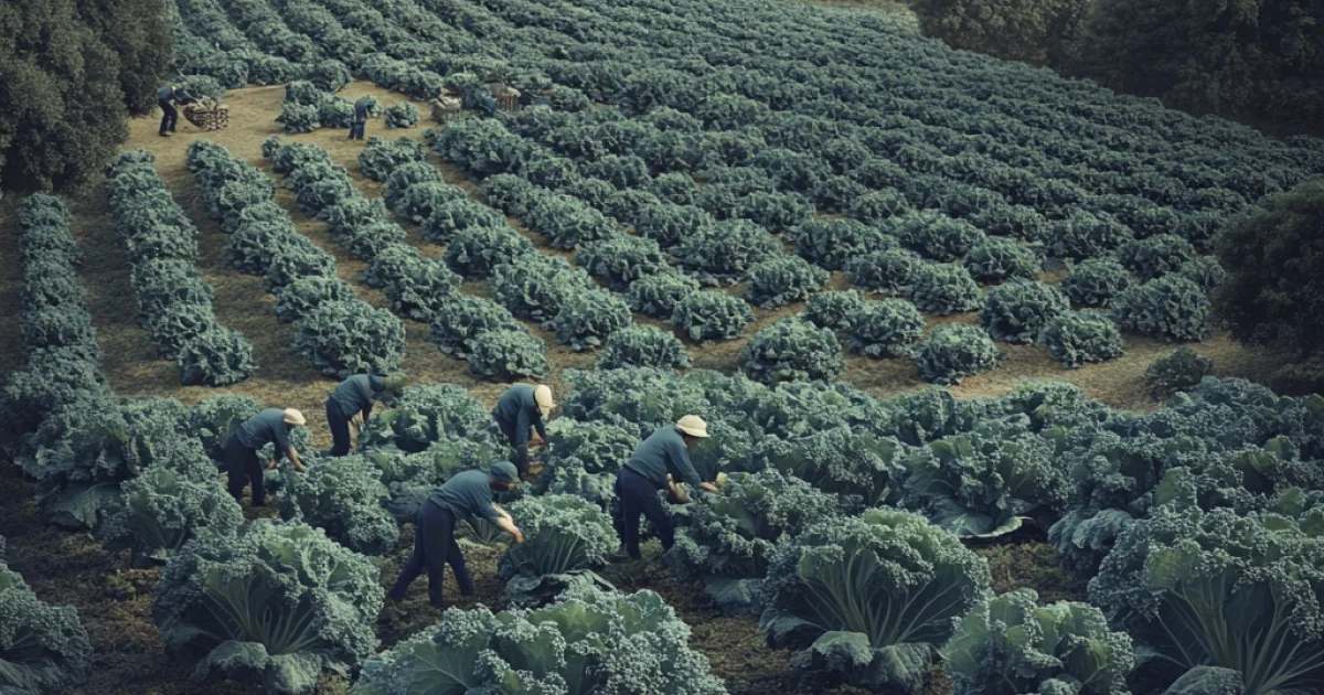 Farmers tend rows of kale