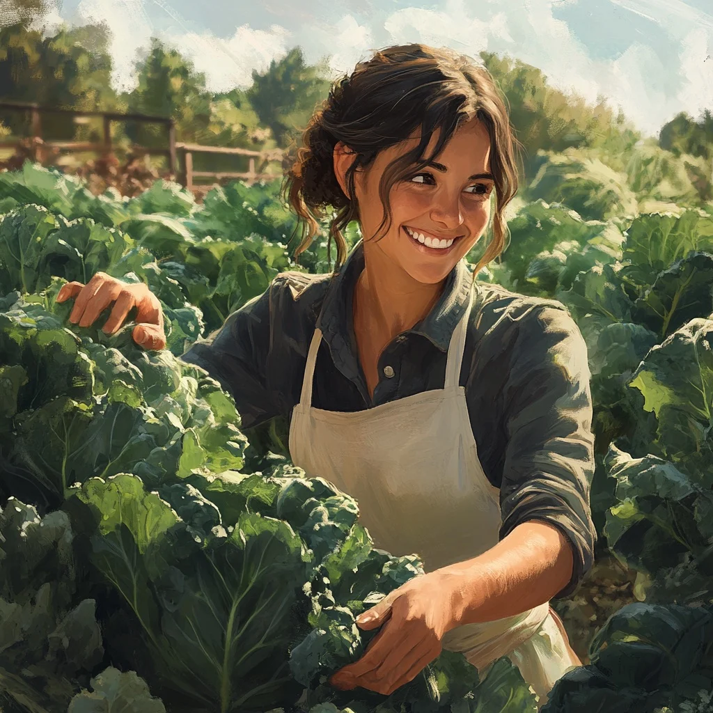 Aila smiles as she tends her kale