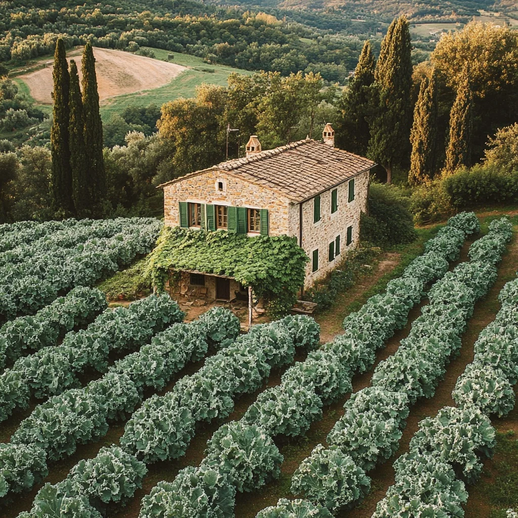 A stone cottage among rows of kale