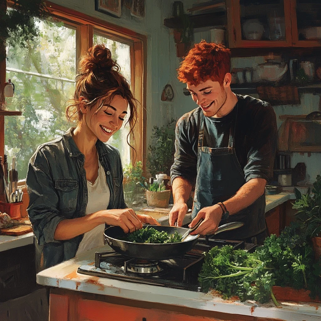 Aila and Hamish cook kale in the kitchen