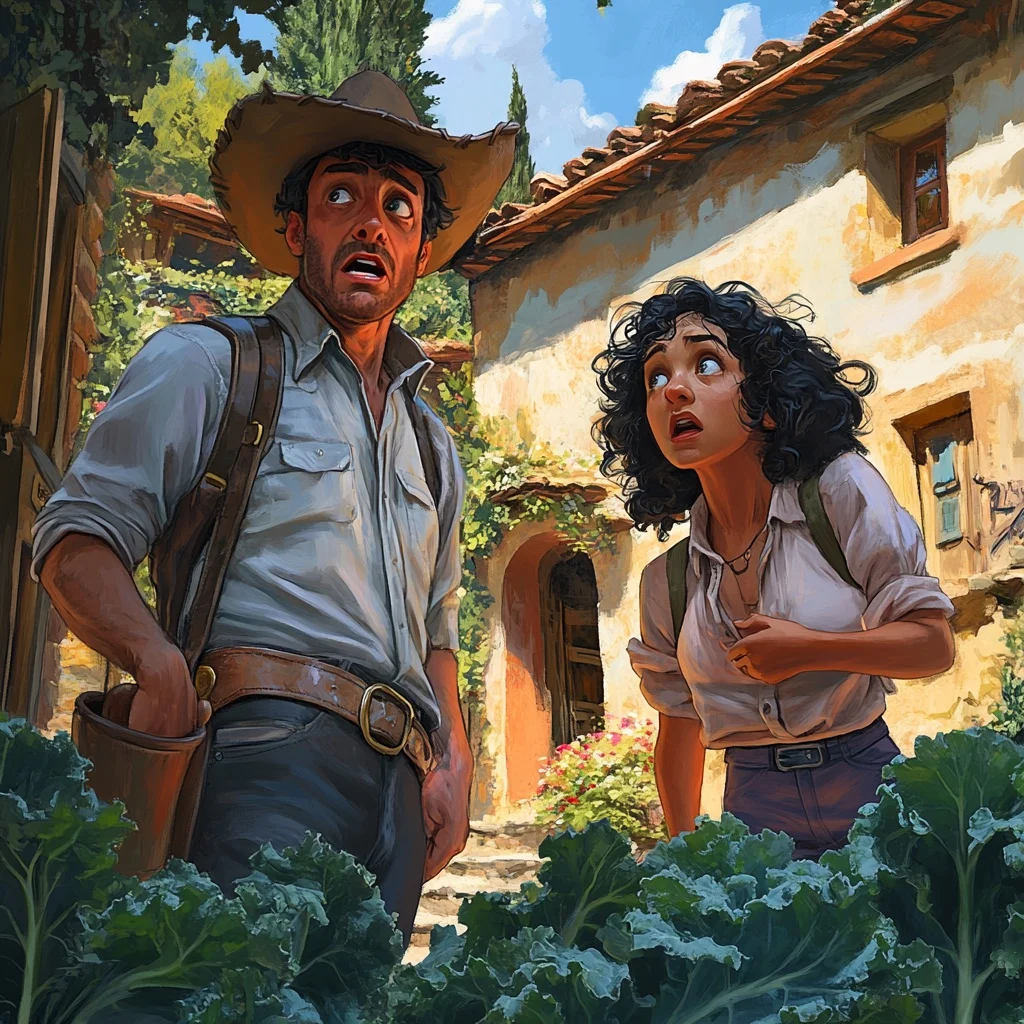 Sheriff Roscoe and Hazel look up in alarm outside a house