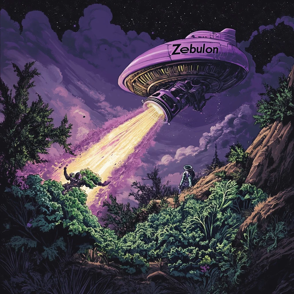 A purple spaceship marked Zebulon beams plants up from a kale field