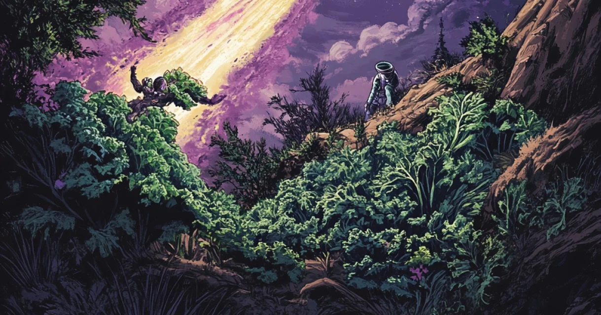 A purple beam of light falls on a kale field at night