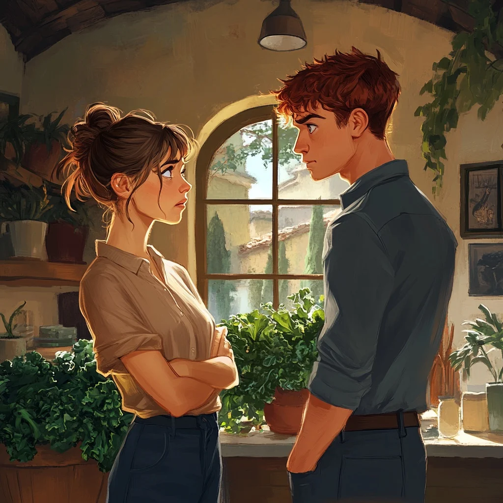 Aila and Hamish talk in the kitchen