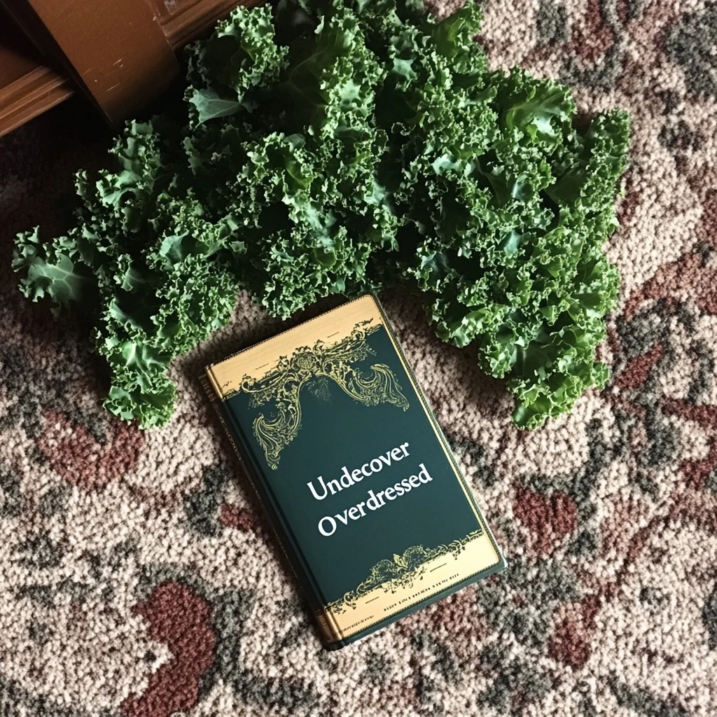 A novel lies on a carpet next to a bunch of kale