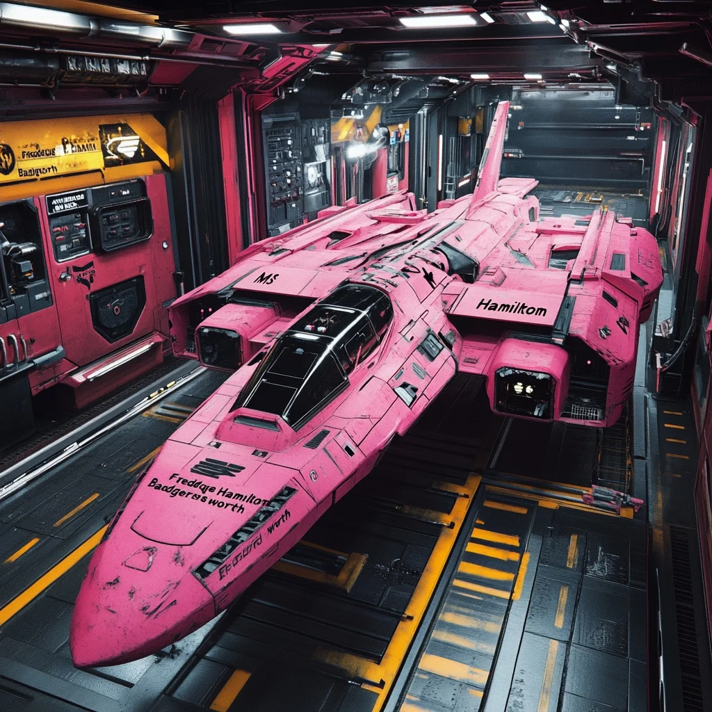 A pink spaceship named Hamilton in a hangar