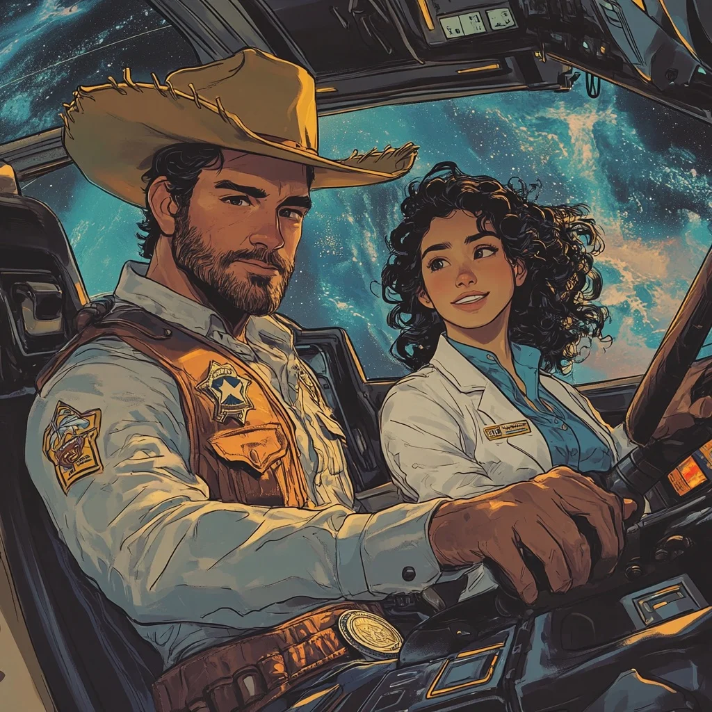 Roscoe and Hazel in the cockpit of a spaceship