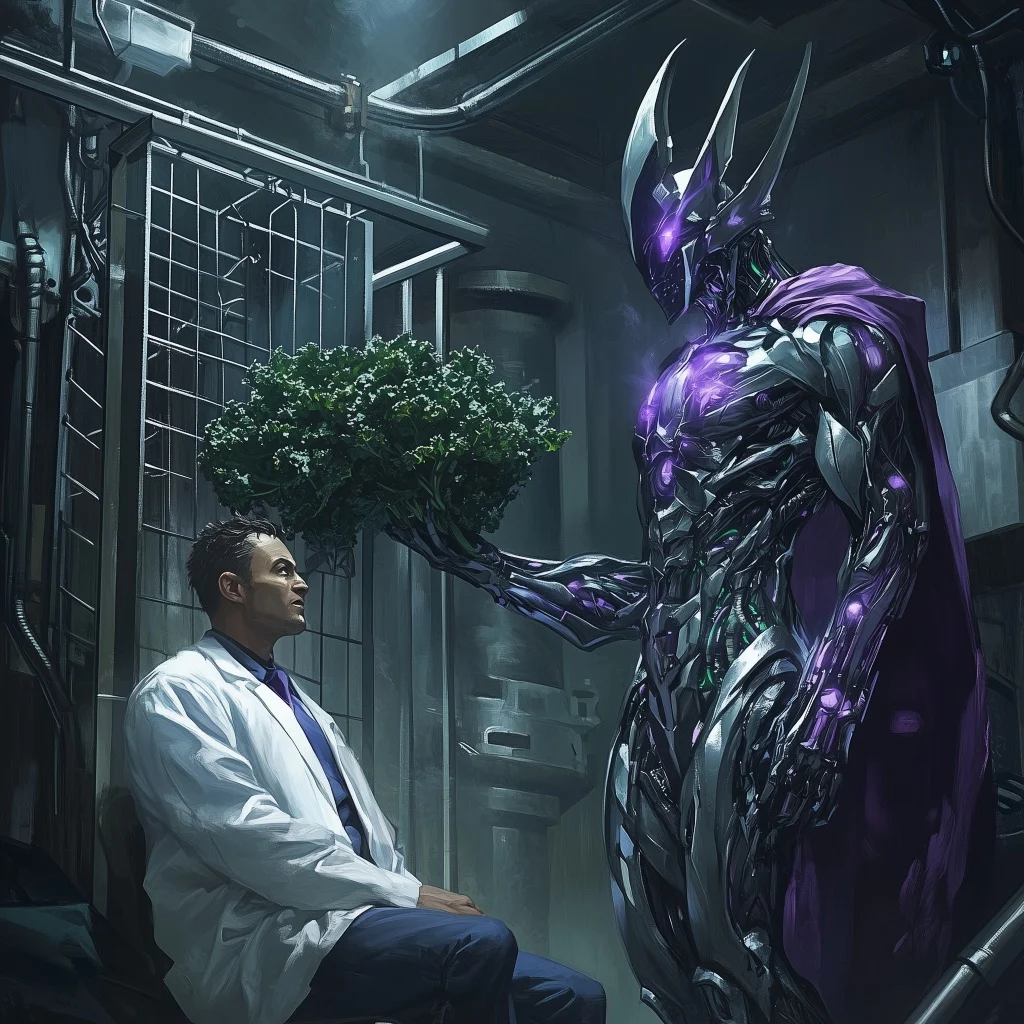 Zebulon holds out kale to a scientist in a cell