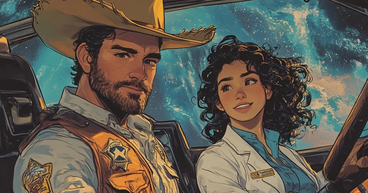Roscoe and Hazel in the cockpit of a spaceship