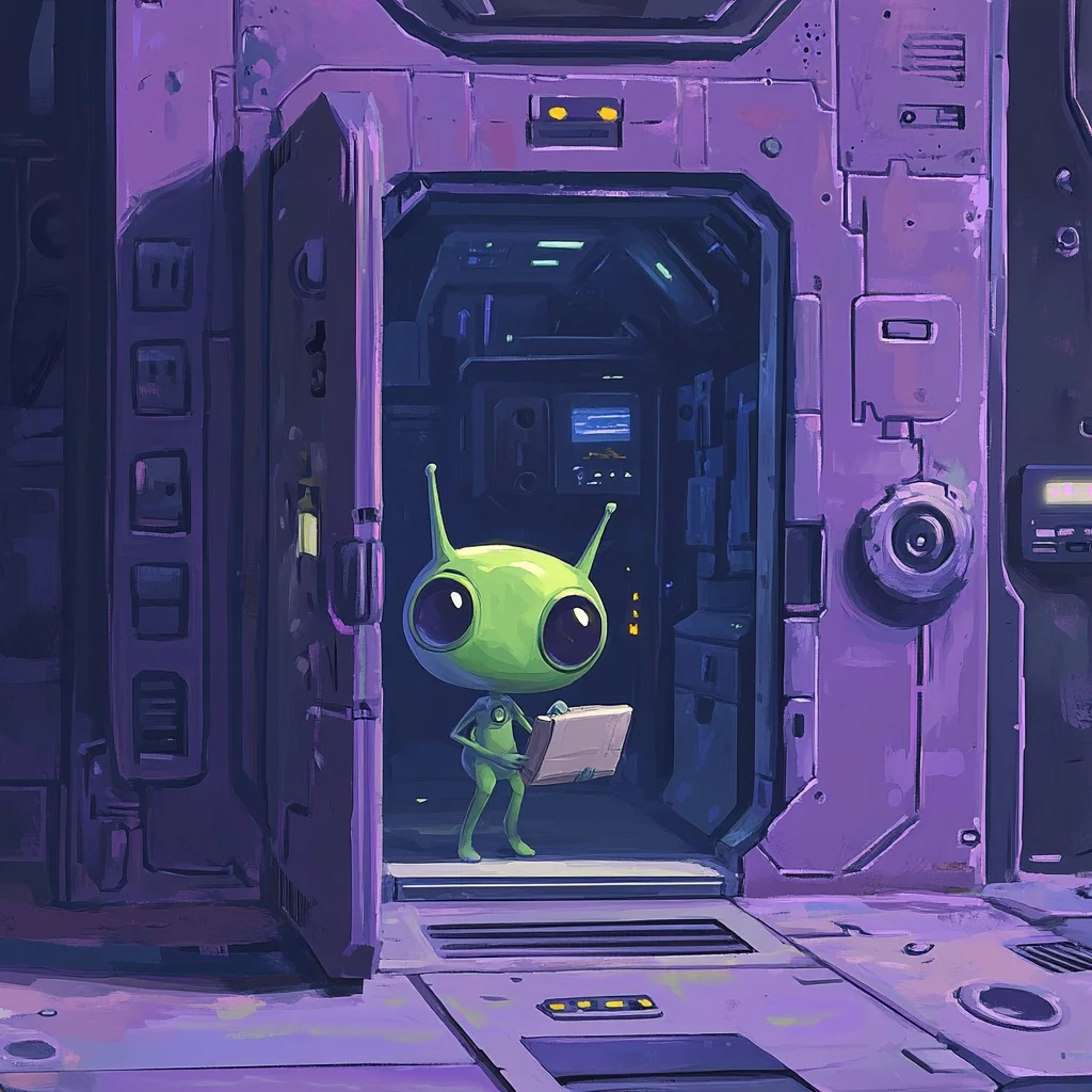 A small green alien with a clipboard stands in a purple doorway