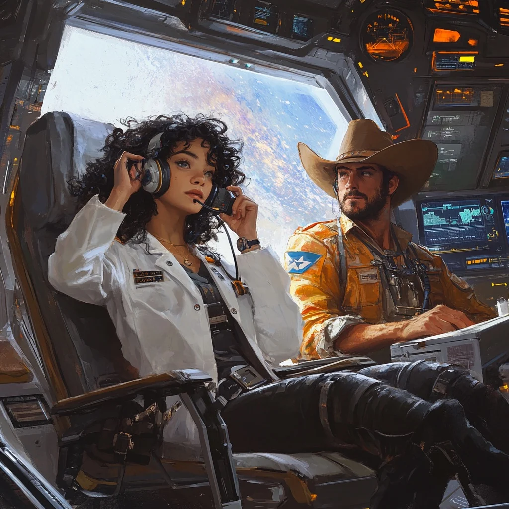 Hazel wears headphones next to Roscoe in the spaceship cockpit