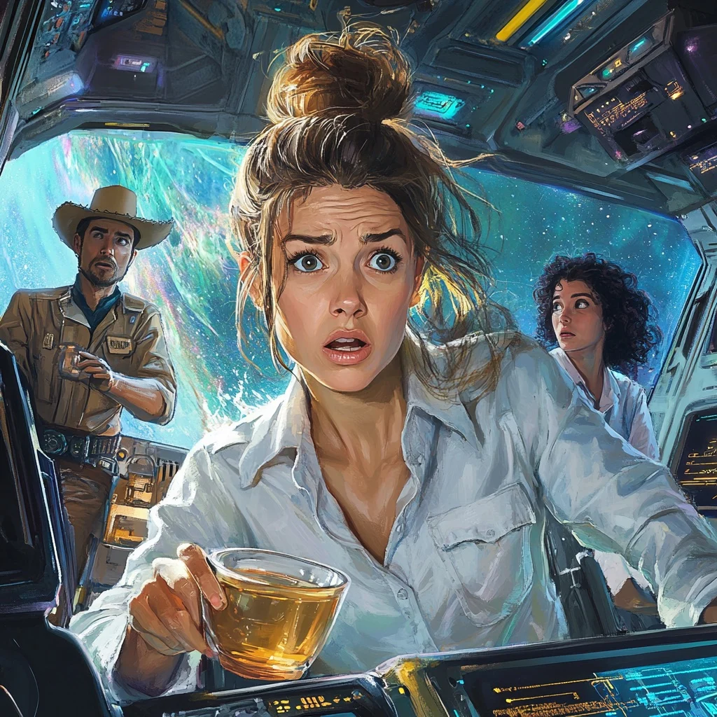 Aila holds a cup of tea and looks shocked inside the spaceship