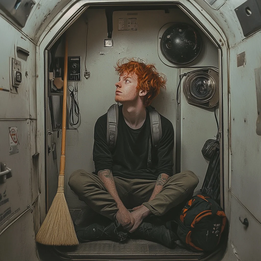 Hamish sits on the floor of a small storage room next to a broom