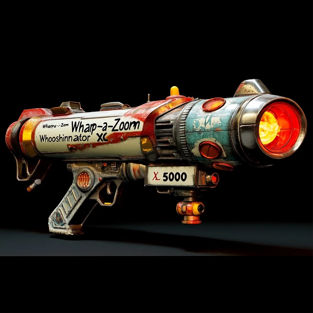 A ray gun labeled Whap-a-Zoom Whooshinator XL 5000
