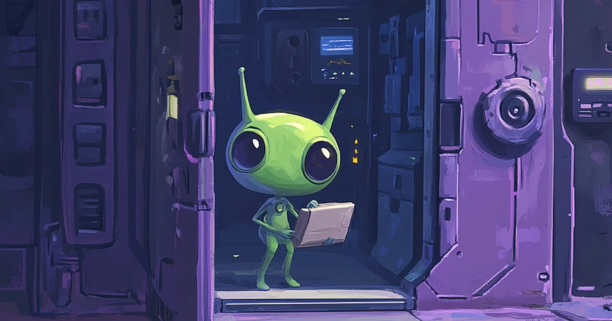 A small green alien stands in a purple doorway