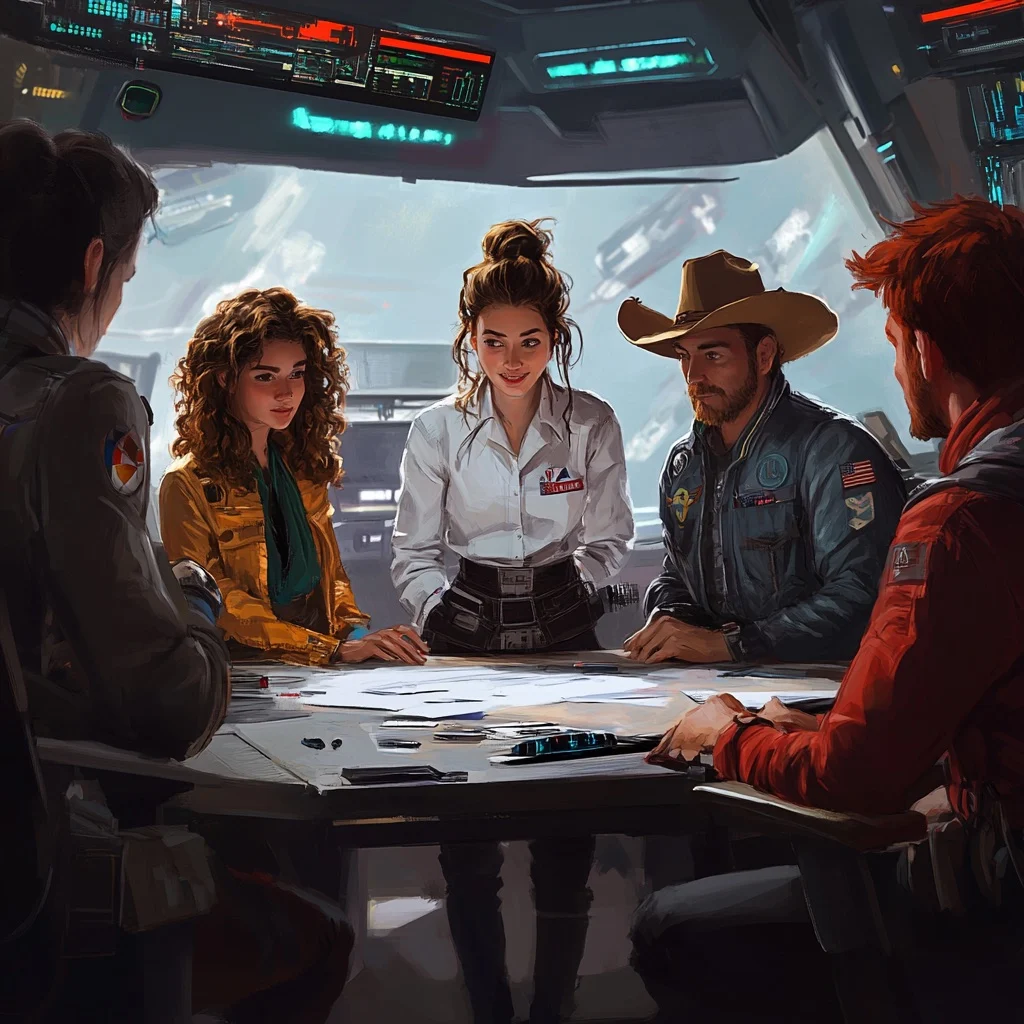 The crew meets around a table in the spaceship