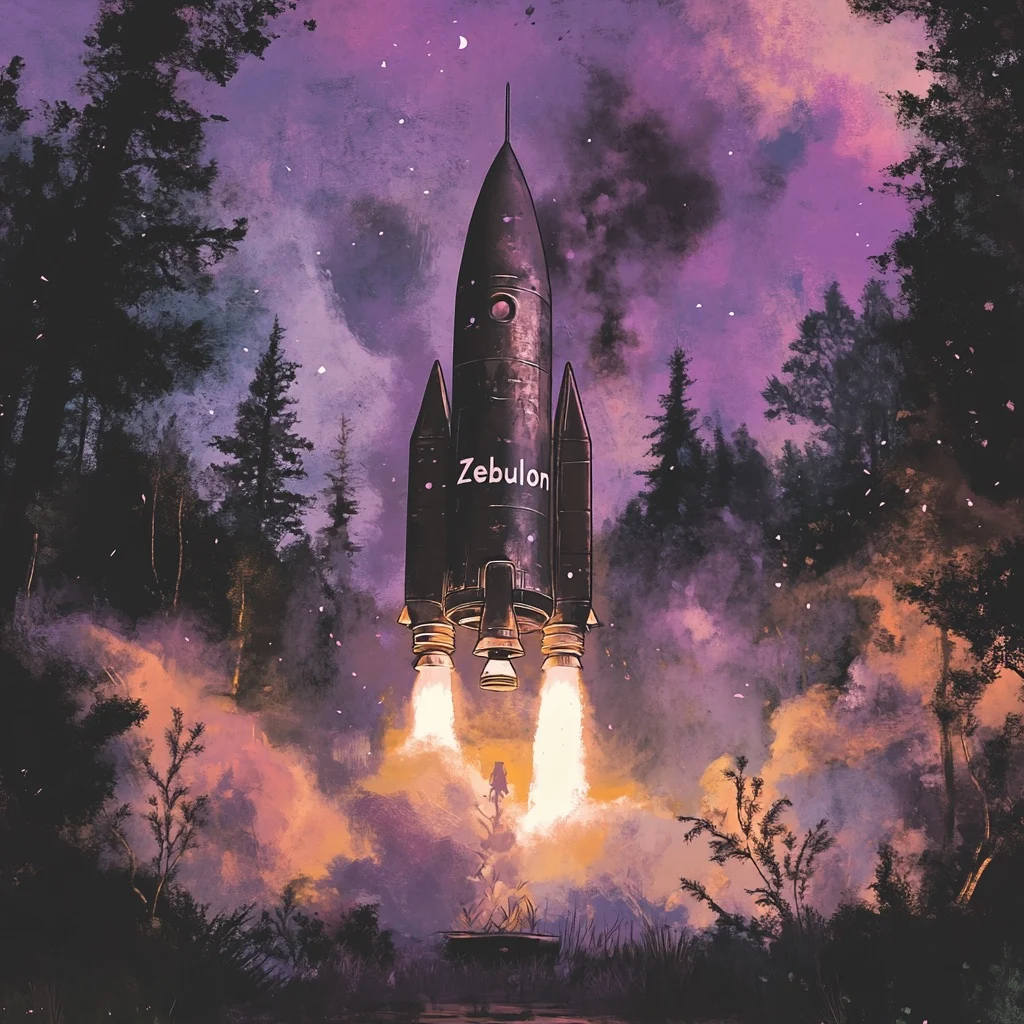 A black rocket marked Zebulon launches from a forest