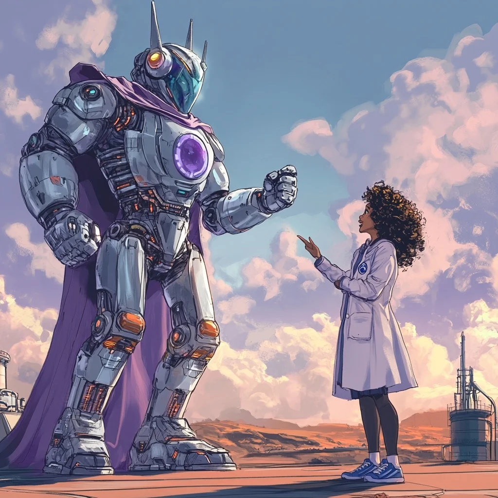 Hazel faces Zebulon, a silver robot in a purple cape