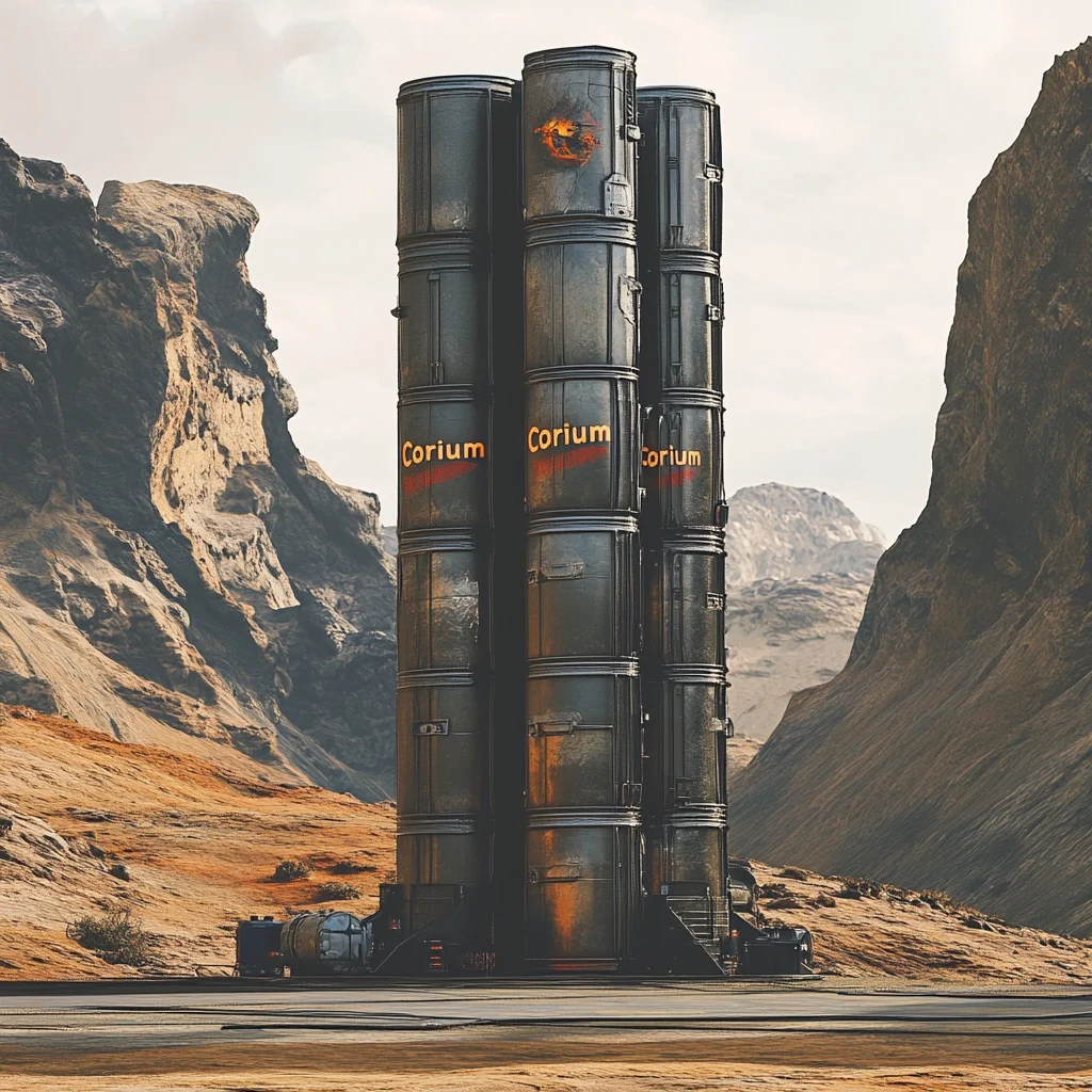 Tall black Corium tanks stand in a canyon