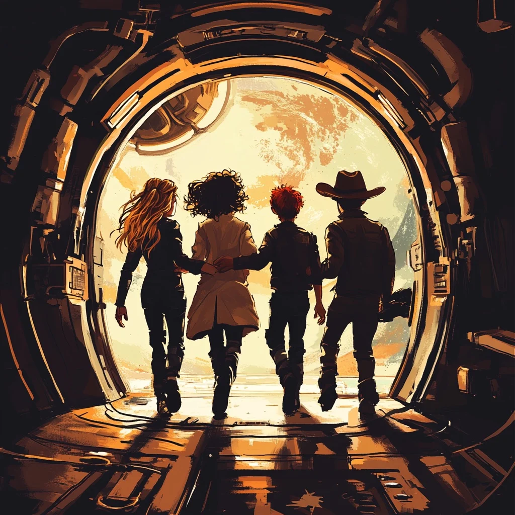 Four friends walk arm in arm out of the spaceship