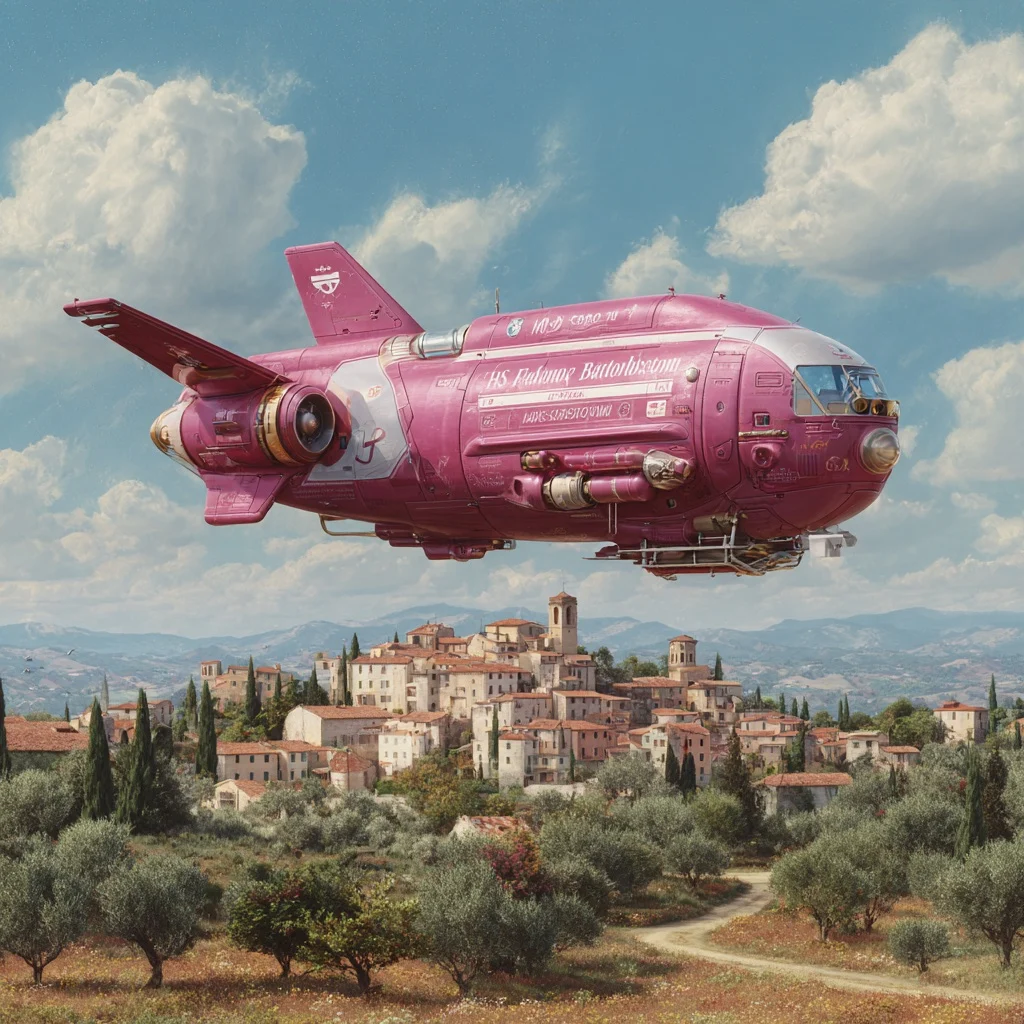 A pink airship flies over a hilltop town