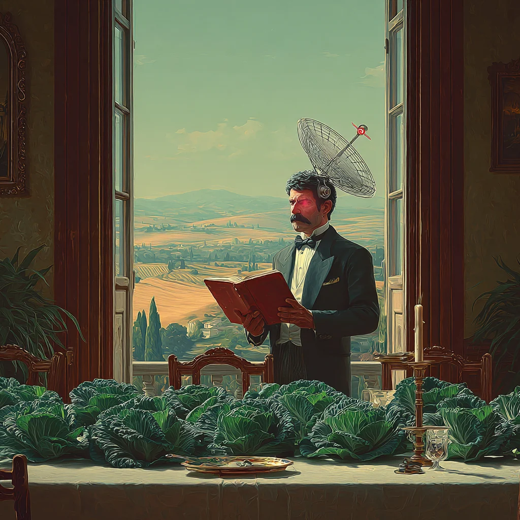 Governor Stefano reads a book by a window, with a small satellite dish on his head