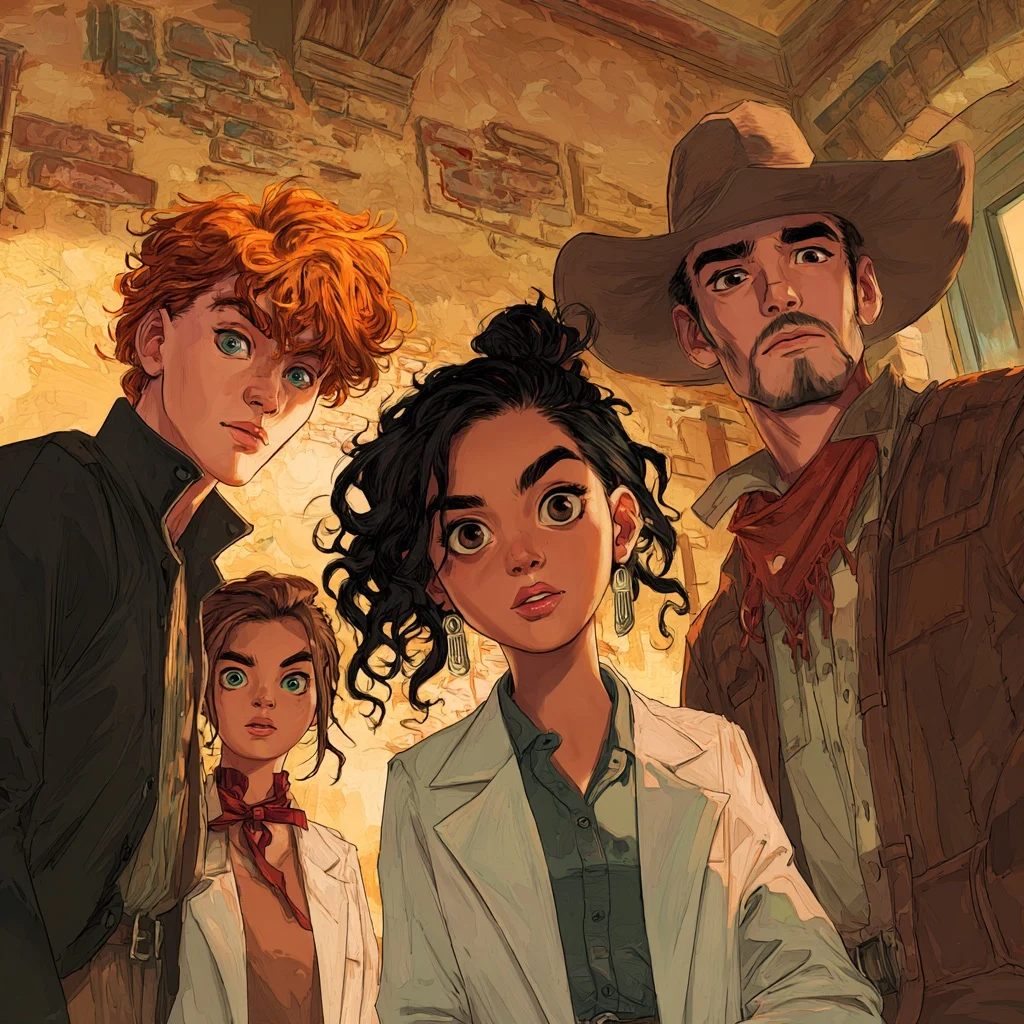 Hamish, Hazel, Roscoe, and a young girl look ahead in surprise