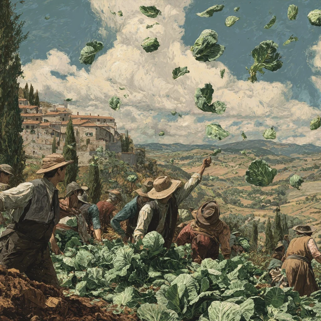 Farmers watch kale fly up into the sky