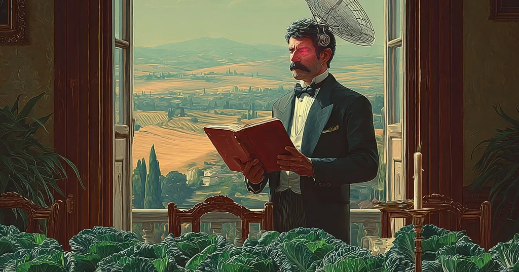 Governor Stefano reads a book by a window, with a small satellite dish on his head