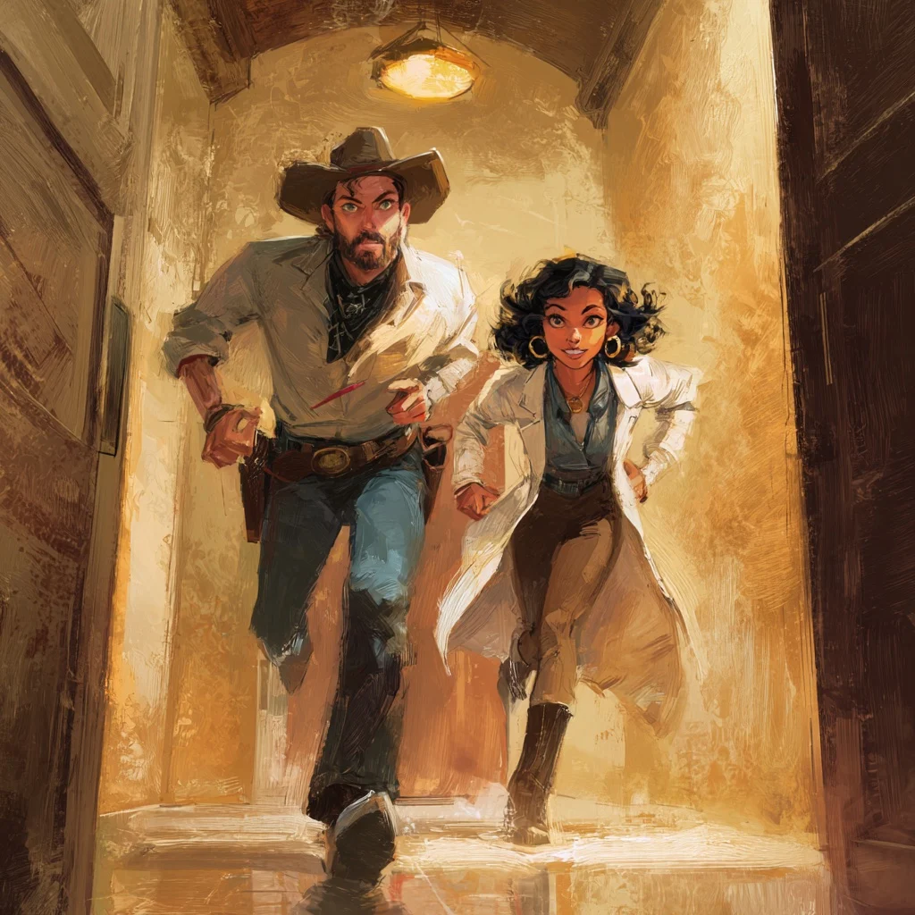 Roscoe and Hazel run down a hallway