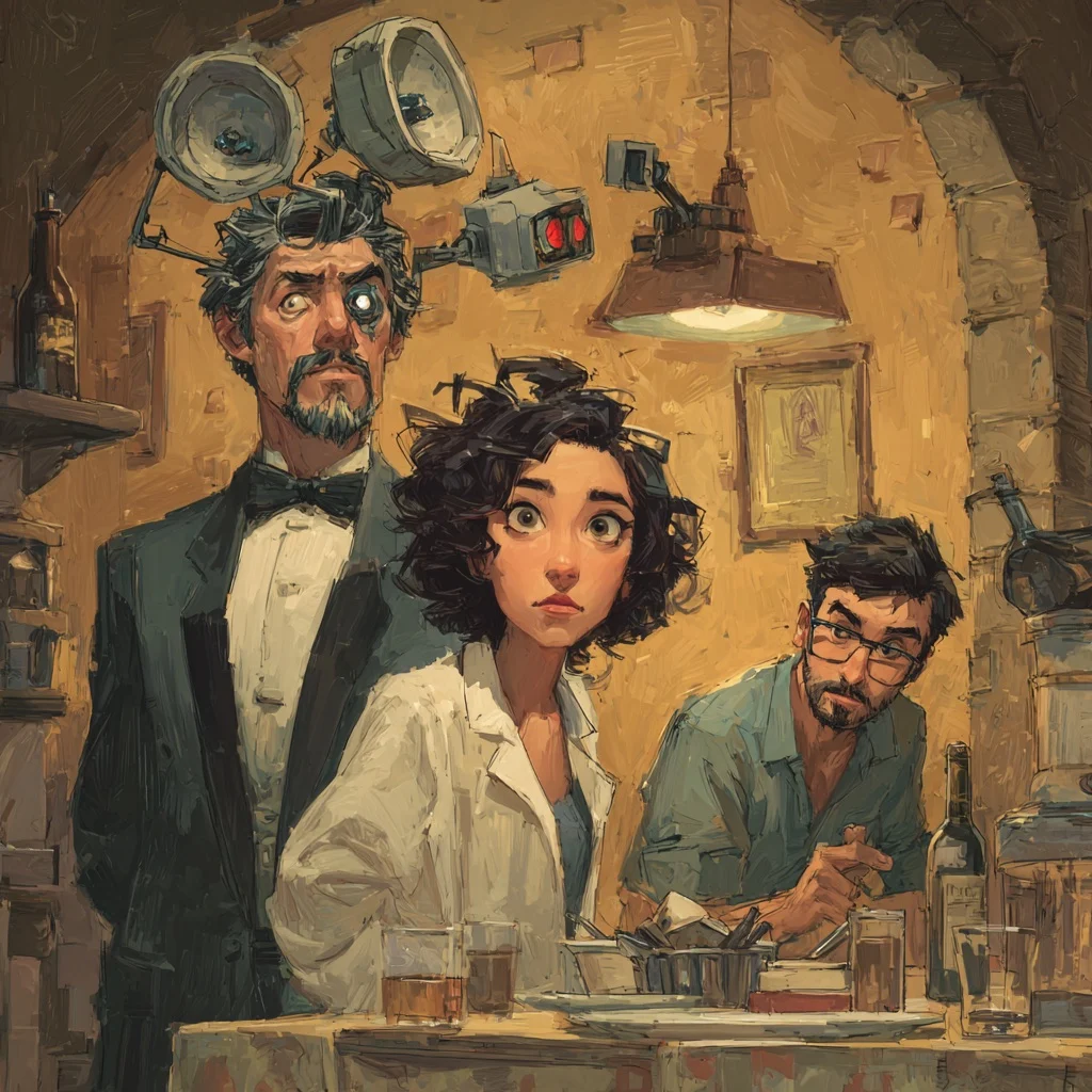 Governor Stefano, Hazel, and a man with glasses sit at a table below strange machines