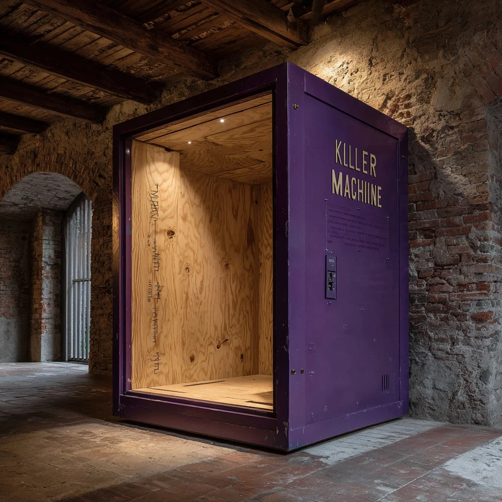 A purple box marked Killer Machine stands in a brick room