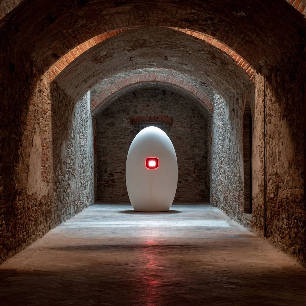 A white egg-shaped robot with a red light stands in a stone tunnel
