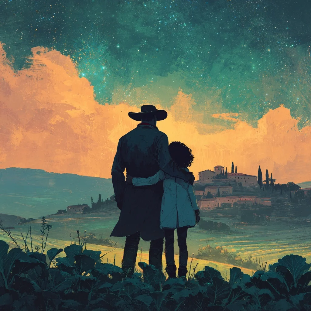 Two people stand arm in arm on a hill at sunset