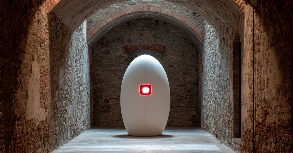 A white egg-shaped robot with a red light stands in a stone tunnel